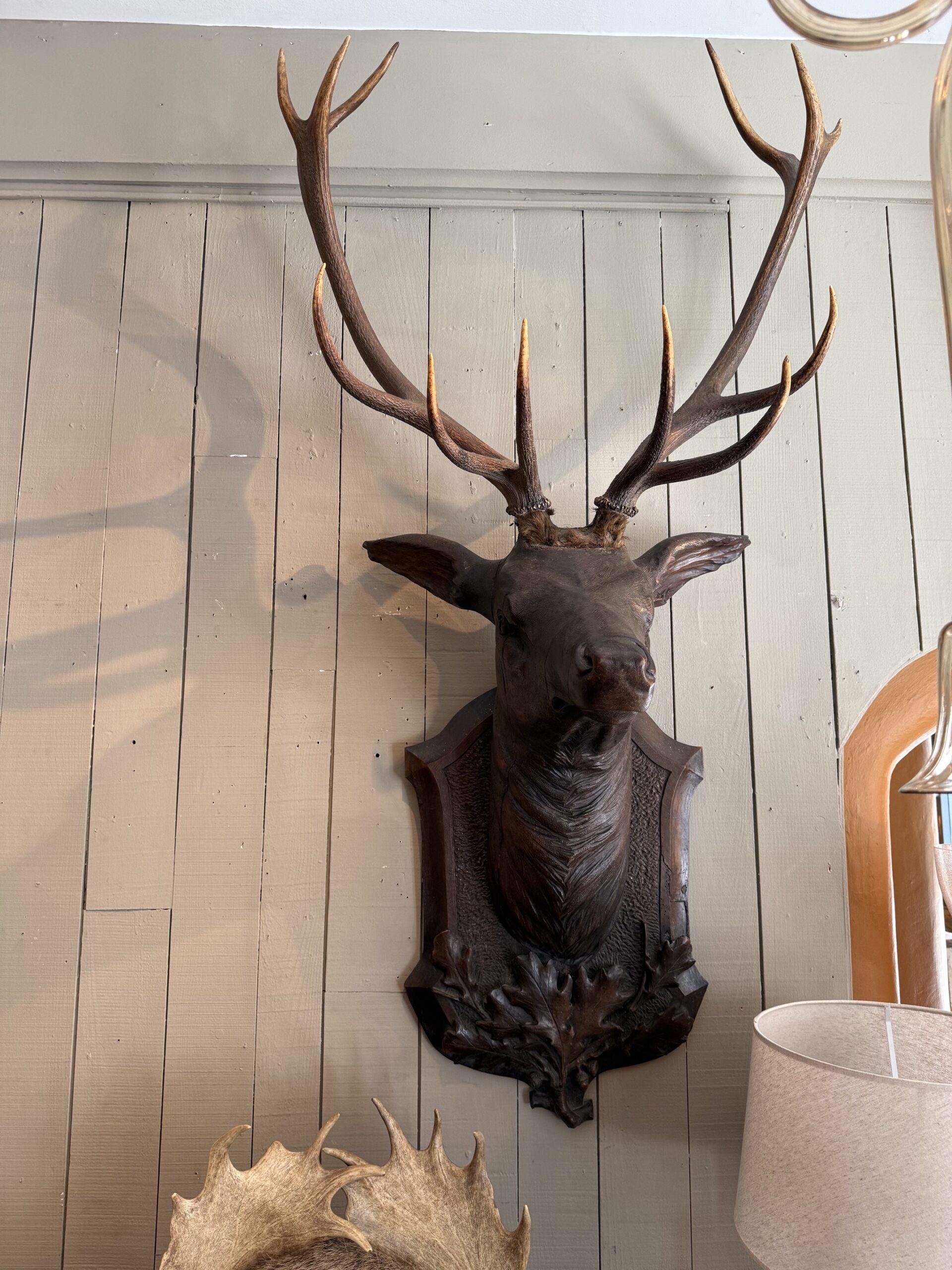 Très grand tête de cerf en bois sculpté fin XIXe