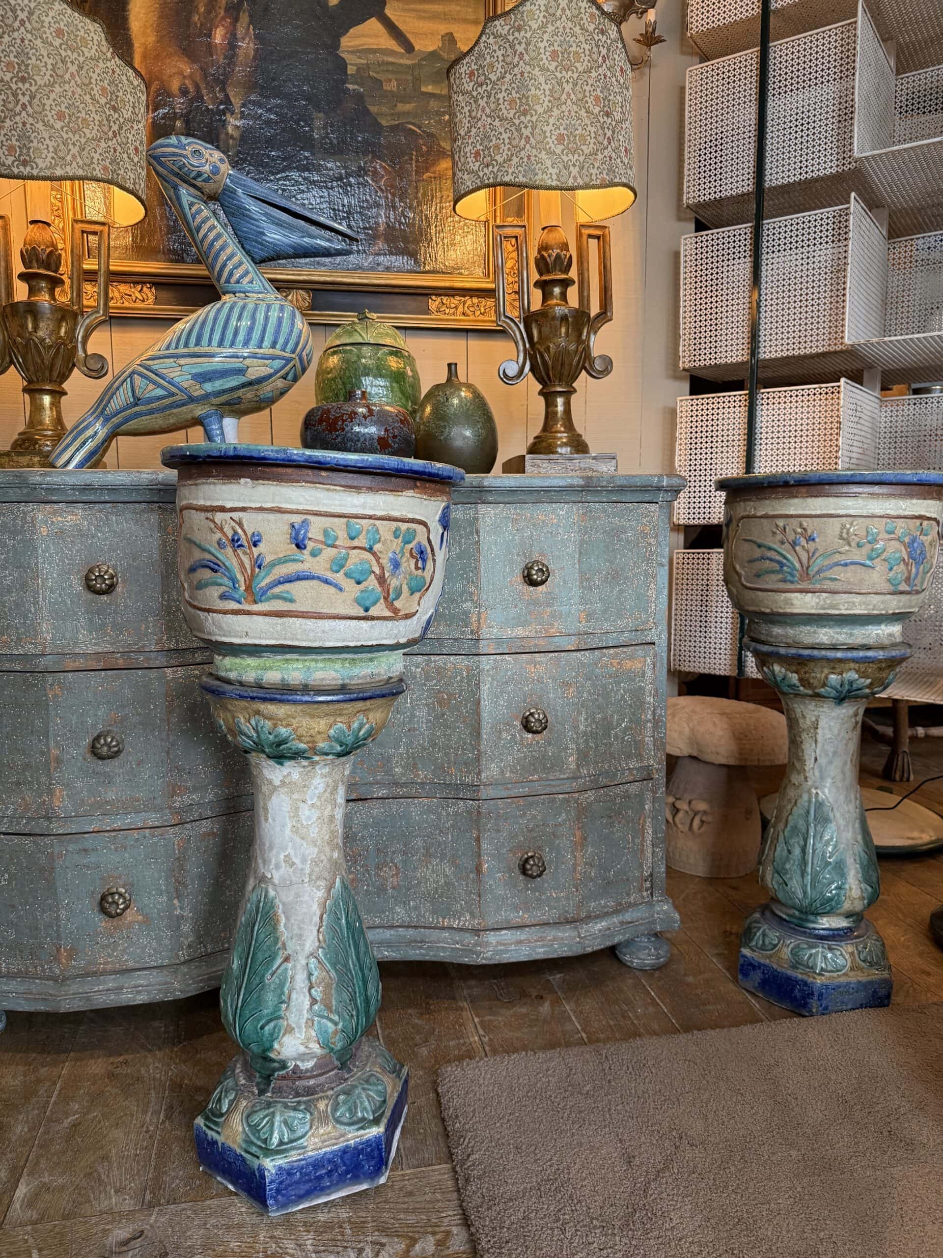 Paire de cache-pots en grés émaillé sur balustre – Vietnam XIXe