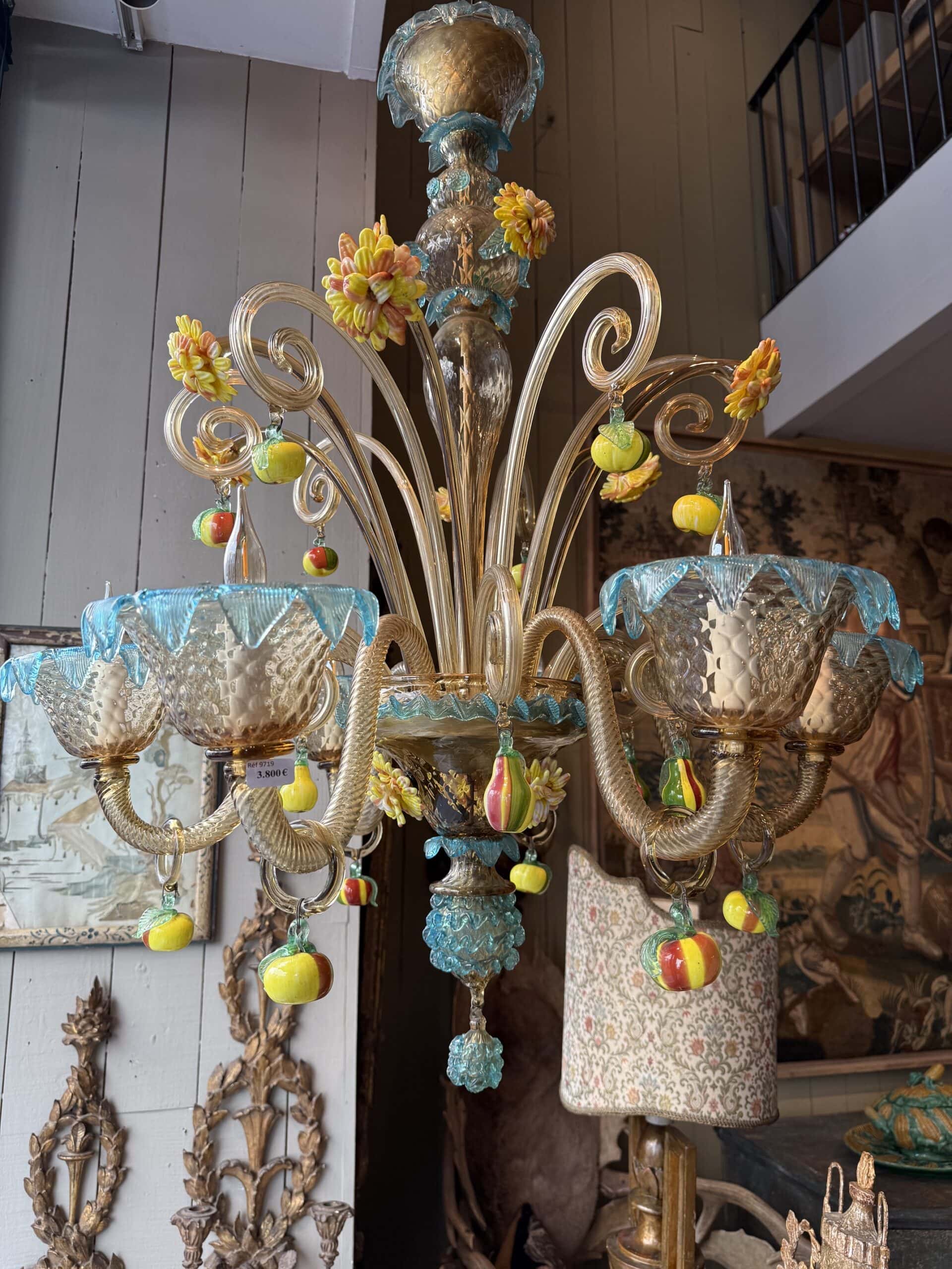 Lustre baroque en verre de Murano multicolore fleurs & fruits ca.1950